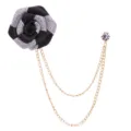 Black silver fabric rose flower brooch pin with double gold chain for men suit wedding - Black and Silver(A135)