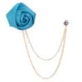Blue fabric rose lapel pin with double gold chains and rhinestone for men suit party. - Blue