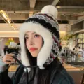 Winter plush knitted ushanka hat with warm pom-pom and thick faux fur trim, multi-color. - Hat-030 Black