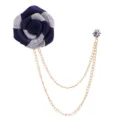 Men suit lapel pin fabric rose flower brooch with double gold chains and rhinestone accessory - Dark Blue(A136)