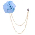 Blue satin flower brooch with double gold chain and rhinestone lapel pin for men's suit wedding. - Light Blue