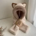 Cute plush cat ear hooded scarf winter thick warm one-piece beanie hat for women. - Hat-034