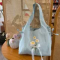 Sweet light blue nylon shoulder bag featuring embroidered floral details and elegant lace bow. - Sky Blue Lace Bowknot Flower Vest Bag