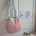 Light blue drawstring mesh shoulder bag, casual sweet style nylon crossbody variant bag. - Red Checkered Blue Strap