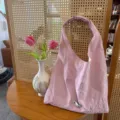 Pink nylon tote bag with beaded floral embroidery, sweet style single shoulder vest bag. - Pink