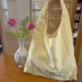Light yellow nylon hobo shoulder bag with sweet floral embroidery casual tote for women. - Yellow