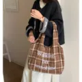 Autumn winter woolen plaid 3d embroidery vintage versatile vest shopping bag for women - Deep Brown Plaid