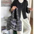 Autumn winter woolen plaid 3d embroidery retro vintage casual shopping tote bag for women - Grey Grid