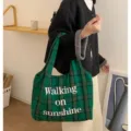 Green plaid wool vest bag with white embroidery lettering, retro casual tote for autumn winter. - Green Plaid