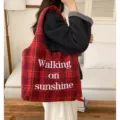 Women fall winter woolen plaid tote bag stylish embroidery shoulder shopping bag red - Red Grid