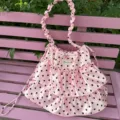 Bolso de hombro con cordón de lunares de satén rosa estilo dulce bolso casual de moda - Bolso Nube Satén Lunares Volantes / Rosa