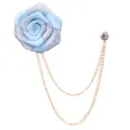 Mens light blue fabric rose lapel pin brooch with gold double chains and rhinestone. - Light Blue(A140)