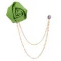 Green satin rose flower brooch with double gold tone chains and crystal lapel pin accessory. - Green