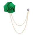 Green fabric rose brooch with double gold chain lapel pin elegant suit accessory variant - Green