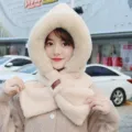 Cute plush hooded scarf for women, winter thick warm one-piece hat and bib set beige. - Hats - 037