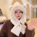 Cute plush bear ear hooded scarf warm winter hat for women, thick cozy fleece headwear. - Hats - 038