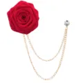 Red fabric rose brooch with double gold chains and rhinestone pin for men women suits. - Red