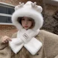 White plush hooded scarf set with cute animal ears for women, thick winter warm hat variant. - Hats - 043
