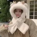 Cute plush winter hat and scarf set, thickened warm hooded neckerchief with bear ears and horns. - Hats - 044