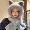 Cute plush hooded scarf winter warm thick grey cat ear hat for women outdoor windproof - Hats - 046