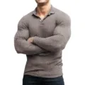 Heren geribbelde lange mouw polo shirt casual slim fit sport fitness top comfortabel. - XS (160 cm-165 cm) / Bruin