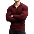Gedetailleerd overzicht van heren geribbelde shirt met lange mouwen in bordeaux slim fit. - Bordeauxrood