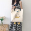Cute cartoon duck canvas tote bag large capacity casual shoulder bag stylish aesthetic - Cute Heart Duck Blue Strap Shoulder Bag