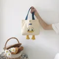 Beige canvas tote bag with blue handles and cute cartoon duck embroidery, casual shoulder bag. - Cute Little Yellow Duck Small Handbag