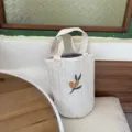 Quilted bucket tote bag with cute olive embroidery, cream white fabric handbag for daily use. - Olive Embroidery