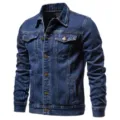 Men's casual classic dark blue denim jacket with lapel collar and metal buttons for spring. - M / Dark Blue