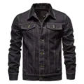 Men's casual dark denim jacket solid color lapel long sleeve fashion streetwear outerwear - M / Black