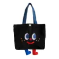 Black canvas bento lunch bag with cute cartoon embroidered face and funny little feet design. - Freckle Smiley Face Little Legs Bento Black