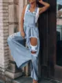 Women light blue distressed wide leg denim overalls casual loose overall pants stylish outfit - S / Light Blue