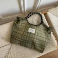 Green plaid cotton tote bag, large capacity shoulder cradle bag with stylish handles. - S / Olive Green Plaid (IT)