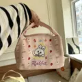 Rosa gestreifte Stoff-Lunchtasche mit Hasen-Motiv, tragbare Bento-Tasche fuer das Buero. - Rosa Mondhase Isolierte Lunchtasche