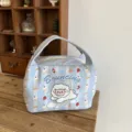 Isolierte Tasche mit niedlichem Schaf-Print, blau gestreifte Handtasche für Damen, großes Volumen. - Blaues Hüpfendes Schaf Isolierte Lunchtasche