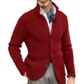 Detailed view of men casual red knitted cardigan with stand collar and button closure. - S / Red