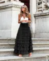 Black layered tulle maxi skirt for women, elegant summer tiered mesh long skirt street fashion. - S / Black