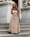 Detailed view of women summer fashion solid color mesh tiered maxi skirt and white tank top. - S / Khaki