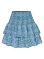 Corta minigonna a balze con stampa cachemire blu e comoda vita alta elastica arricciata. - Blu-Verde