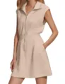 Beige sleeveless zip-front dress featuring practical side pockets and chic casual style. - S / Khaki