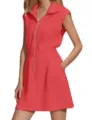 Women sleeveless zip front dress casual summer coral red short dress with pockets - S / Red