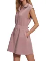 Pink sleeveless zip-up dress detail showing collar and front pockets for daily wear. - Pink