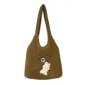 Cute brown plush shoulder bag for women, cozy winter fluffy tote with sweet cartoon rabbit bear embroidery. - Glasses Bear & Rabbit