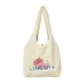 Borsa shopper morbida in peluche bianco con pesca ricamata e scritta per donne. - Love Life Quadretti Rossi / Bianco