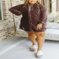 Plus size velvet long sleeve shirt dress, casual loose button down tunic for women daily wear. - Mocha