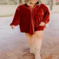 Casual loose velvet shirt dress for women, long sleeve button down tunic top in rust red. - Caramel color