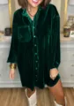 Dark green velvet long sleeve button down shirt dress casual loose fit women fashion apparel - S / Dark Green