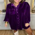Purple velvet oversized shirt dress detail showing fabric texture, loose fit and button front. - S / Purple
