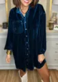 Casual loose velvet long sleeve shirt dress for women, stylish daily wear and comfortable fit. - S / Dark Blue